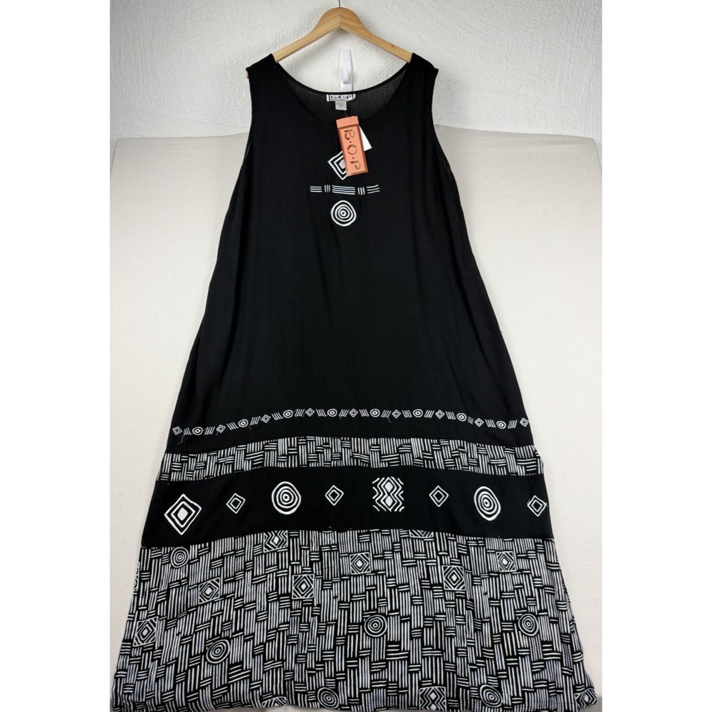 B.O.P. Geometric Black Tribal Print Maxi Dress 2X Embroidered NWT Crinkle Fabric